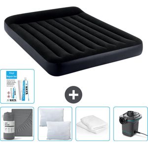 Intex Luchtbed - 2-Persoons - 152 x 203 x 25 cm - Donkerblauw - Inclusief Hoeslaken - Kussen - Pomp - Reparatieset en Kussenbeschermer