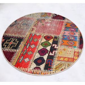 Rond Vloerkleed Ø100cm - Wasbaar Antislip Laagpolig Tapijt - Patchwork patroon