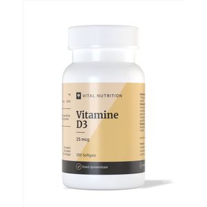 Vital Nutrition Vitamine D3 - 25 mcg/1000 IE - Als Cholecalciferol - Met olijfolie voor superieure opname - 200 softgels