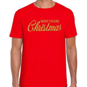 Fout kerstshirt / t-shirt - Merry Fucking Christmas - goud / glitter - rood voor heren - kerstkleding / christmas outfit XXL