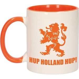 Hup Holland hup met leeuw beker / mok wit en oranje - 300 ml - oranje supporter / fan
