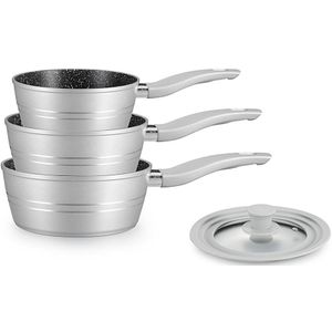 Royalty Line® FS3M Steelpannen Inductie - 4 Delig Steelpan Set Met Universeel Deksel - Ø 16/18/20 cm - Antiaanbaklaag - Pannenset Voor Alle Warmtebronnen - Silver