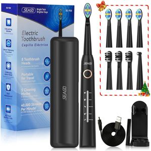 SEAGO Elektrische Tandenborstel - Zwart - Reisetui - Wittere tanden - 8 Opzet-borstels -5 poetsmodi-Timer