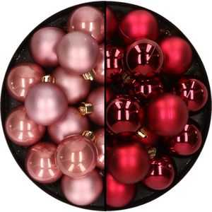 32x stuks kunststof kerstballen mix van oudroze en donkerrood 4 cm - Kerstversiering