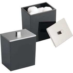 Set van 2: wattenschijfdispenser en wattenstaafjes - vierkante bewaardoos met praktische deksel - badkameraccessoire van kunststof voor cosmetica, Matzwart/matzilverkleuren