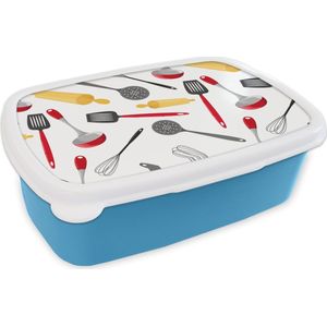 Broodtrommel Blauw - Lunchbox - Brooddoos - Patronen - Keukengerei - Spatel - Deegroller - 18x12x6 cm - Kinderen - Jongen