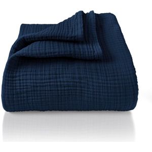 Mousseline sprei 150 x 200 cm - 100% katoen - extra zachte katoenen deken als knuffeldeken, bedsprei, banksprei, banksprei - warme bankdeken (blauw/antraciet)