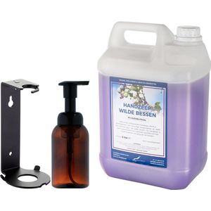 Zeepdispenser 300 ml amber bruin hervulbaar + 5 liter Handzeep Wilde Bessen navulling (inclusief beugel)