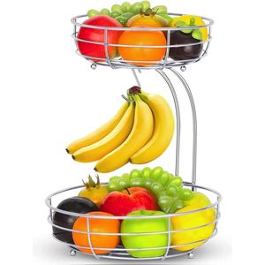 Fruitmand met 2 verdiepingen en bananenhouder - Moderne fruitschaal voor de keuken met metalen groentemand in zilverkleurig Fruit Basket