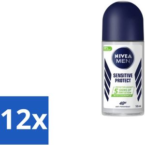12 x Nivea - Men - Deodorant - Roller - Sensitive Protect - 50 ml - NIVEA MEN Deodorant - Deodorant Roller - Gevoelige Huid - 48 Uur Bescherming - Alcoholvrije Deodorant