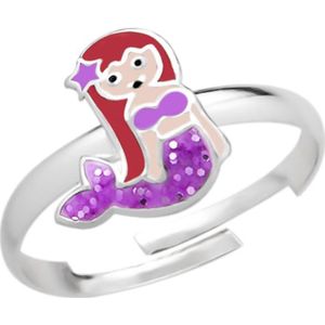 Ring meisje kind | Ring kinderen | Zilveren ring met zeemeermin, paarse glitterstaart