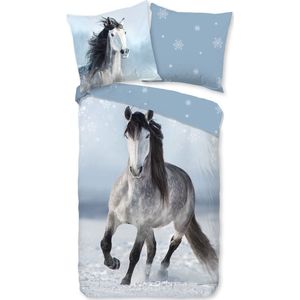 Cheqo® Dekbedovertrek voor Kinderen - 135x200 cm - Paard in de Sneeuw Print - Grijs - 1 Persoons - 100% Katoen Flanel