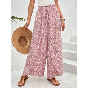 Dames Casual Hoge Taille Split Wijde Pijpen Broek Zomer Bloemen Lange Palazzo Broek Lounge Strandbroek