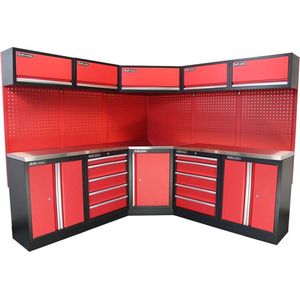 Kraftmeister werkplaatsinrichting - Werkbank met 5 wandkasten, 2 opbergkasten en RVS werkblad - Werktafel met 10 laden en gereedschapswand - Complete set voor werkplaats of garage - Rood