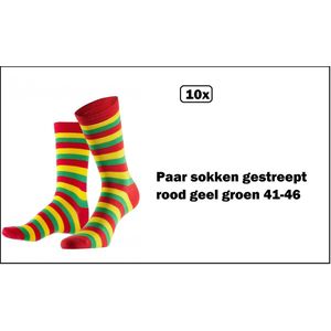 10x Paar sokken gestreept rood geel groen 41-46 - Thema feest party disco festival partyfeest carnaval optocht