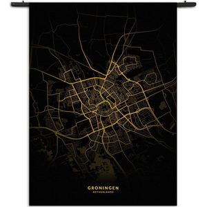 Velours Wandkleed Groningen Plattegrond Zwart Geel Rechthoek Verticaal S (85 X 60 CM) - Wandkleden - Met roedes