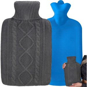 Kruik met Hoes - Knitted - Tot 6 uur warmte - Heerlijk zacht - Warmwaterkruik - 2 liter – Grijs - Kerstcadeau voor Vrouwen en Mannen