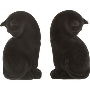 J-Line Kat boekensteun - kunststof & fluweel - zwart - 2 stuks - woonaccessoires