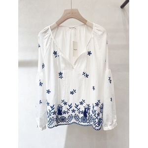 Witte bloes met blauwe mouw - Medium