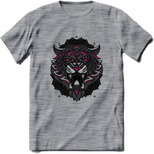 Tijger - Dieren Mandala T-Shirt | Roze | Grappig Verjaardag Zentangle Dierenkop Cadeau Shirt | Dames - Heren - Unisex | Wildlife Tshirt Kleding Kado | - Donker Grijs - Gemaleerd - L