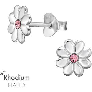 Joy|S - Zilveren bloem oorbellen - 6 mm - roze kristal - madelief oorknoppen - gehodineerd / rhodium