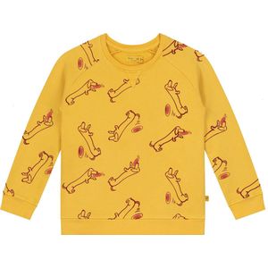Smitten Organic Unisex Sweater in Sea Annemone geel met all-over 'Teckel Billy at Beach' print