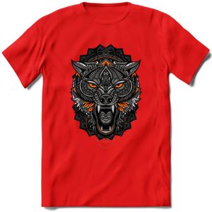Wolf - Dieren Mandala T-Shirt | Oranje | Grappig Verjaardag Zentangle Dierenkop Cadeau Shirt | Dames - Heren - Unisex | Wildlife Tshirt Kleding Kado | - Rood - L