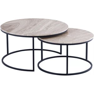 Vente-unique Uitschuifbare salontafeltjes van marmer en metaal - Beige en zwart - MABELA L 75 cm x H 40 cm x D 75 cm