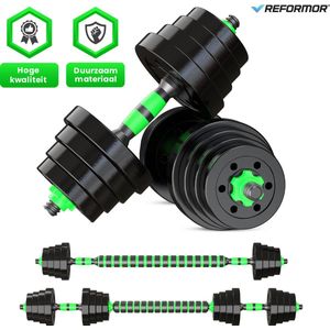 Reformor® - Halterset - Dumbells Set - Verstelbare Dumbells – 15KG - Halterstang Met Gewichten - Groen