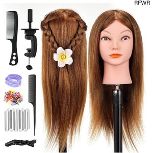 RFWR® Oefenhoofd voor Haarstyling - 18 Inch 100% Echt Bruin Haar met Tafelklem en Doe-Het-Zelf Vlechtset