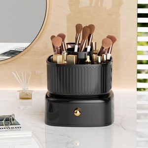Make-up Organizer met Draaibare Kwastenhouder - Lade - 360° Rotatie - Witte Organizer voor Kaptafel, Woonkamer, Slaapkamer, Badkamer Countertops