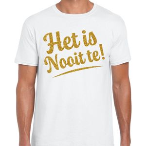 Bellatio Decorations Verkleed T-shirt heren - Het is Nooit te! - wit - glitter goud - foute party M