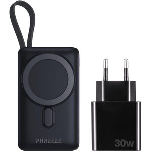 Phreeze Magnetische Powerbank geschikt voor MagSafe & Draadloze Oplader iPhone - Met Standaard & LED Display - Inclusief 30W Snellader