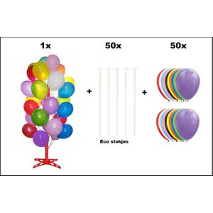 1x Ballonnen boom 180cm + 50x Ballonstokjes karton + 50x Ballonnen - Festival verjaardag thema feest party opening uitdeel