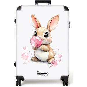 NoBoringSuitcases.com® - Koffer groot - Reiskoffer lichtgewicht - Bruin konijntje met roze bellen - Rolkoffer met 4 wielen - Grote trolley XL - 98 liter bagage