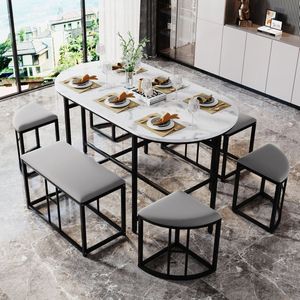 Set van tafel en stoelen-eettafel met 4 kleine krukjes en 2 grote krukjes-keuken eettafel set gemaakt van stalen frame-Modern wit en zwart 140*70*76cm-laadvermogen 120 kg