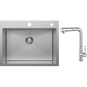 Auralum max 58x45 Spoelbak - Met keukenkraan met uittrekbare uitloop - Handgemaakte Spoelbak Keuken RVS - Spoelbak Met Afdruipgedeelte - Met Afdruiprek en Zeepdispenser
