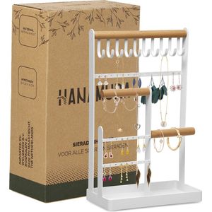 Hanamura Sieradenhouder - Sieradenrekje met oorbellenrekje en armband houder - Metaal & Hout - Met tray & anti-slip pootjes