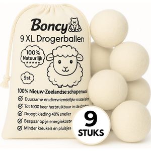 Boncy® Premium Drogerballen - 9 XL Droogballen voor Wasdrogers - 100% Nieuw Zeelandse Schapenwol Wasdrogerballen - Energiebesparend & Duurzaam Cadeau - Wasballen voor Wasdroger Droogtrommel - Dryer Balls Wol Droger Ballen - Wit