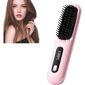 Draadloze Steilborstel/Stijltang - Mini Haarstijlborstel met Temperatuur Display - Oplaadbaar voor op Reis - Roze