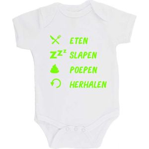 100% katoenen Romper bedrukt met grappige tekst Kado Cadeau Kraamkado Kraamcadeau ""Eten Slapen Poepen Herhalen Unisex Katoen Wit/fluor green Maat 56/62