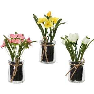 Decoris kunstplant voorjaars bloemen in glazen pot polyester 5,5x5,5x16cm narcis - tulp - violtje 3 assorti