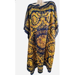 Kaftan - Tuniek -Jurk van Viscose - Zijde Barokprint One size blauw/geel