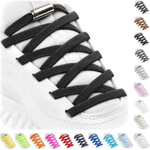 Flexibele Elastische Schoenveters met Metalen Capsules, Geen Strik Schoenveters voor Kinderen Volwassenen, 2 Paar Platte Veters met Schroefsluiting