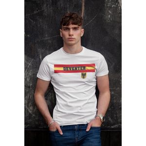 Deventer Stadsdesign T-shirt met rood-gele strepen en stadswapen – Supporters & Locals Edition - Wit Maat 3XL