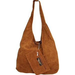 AmbraModa WL818 - Dames handtas, schoudertas, shopper van suède leer - Cognac