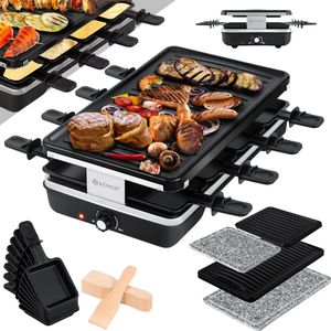 KESSER® Gourmetstel met natuurlijke Grillplaat | Gourmetset voor 8 personen elektrische Grill Bakplaat Raclette met antiaanbaklaag, 8 pannetjes en houten spatel - Zwart, 1200W