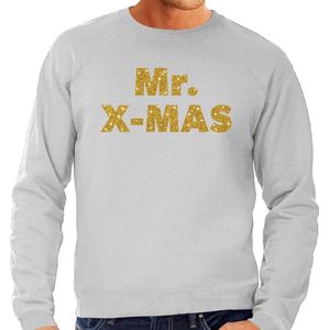 Foute Kersttrui / sweater - Mr. x-mas - goud / glitter - grijs - heren - kerstkleding / kerst outfit S