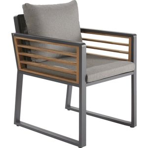 NATERIAAL - Tuinstoel IONIS met armleuningen - Tuinfauteuil - Stapelbare stoel - Met zitkussen - Stapelbaar - 56 x 65,5 x 77,5 cm - Aluminium - Teak FSC - Donkergrijs - Terrasstoel - Eetkamerstoel