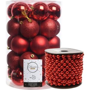 Kerstballen 8 cm - incl. kralenslinger 10 m - rood - kunststof